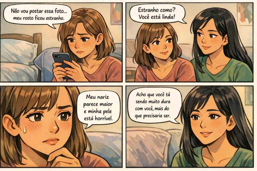 Diálogo entre duas mulheres conversando sobre autoestima, uma se sentindo com autoestima baixa e a outra tentando a incentivar.