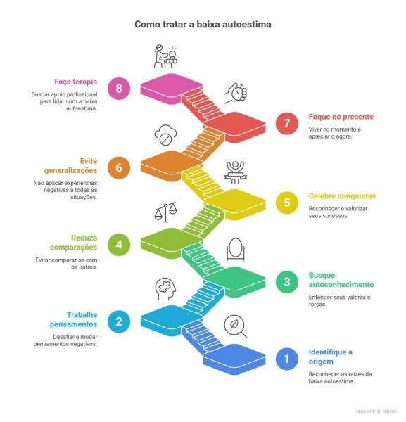 Infográfico com passo a passo de como tratar a baixa autoestima.