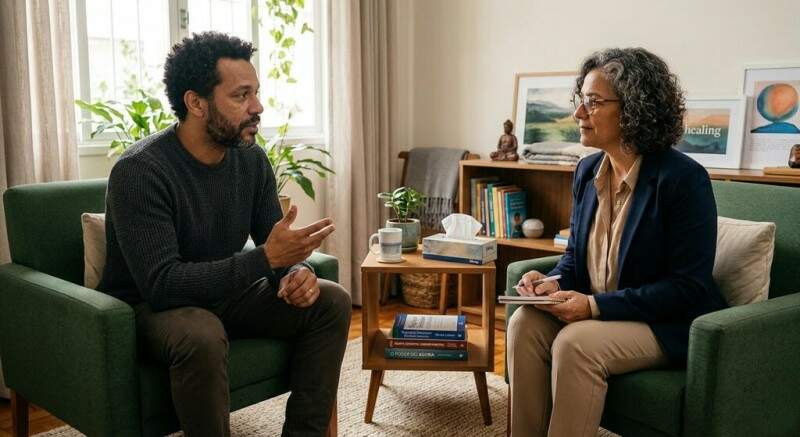 Representação de uma conversa entre um homem com barba e blusa azul e uma mulher de cabelos cacheados que está com um caderno de anotação nas mãos.