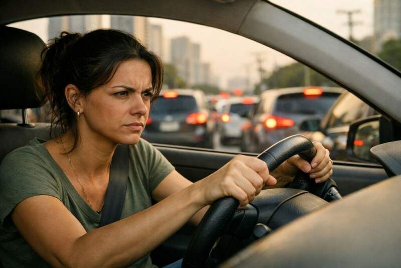 Mulher segurando forte o volante do carro, em uma situação de trânsito intenso, com olhar fixo de raiva