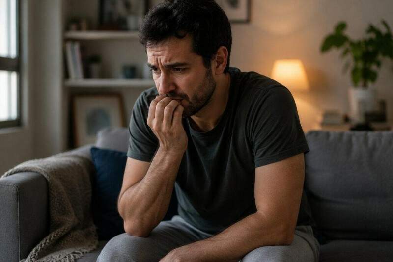 homem adulto de camiseta escura, sentado no sofá, roendo as unhas da mão.