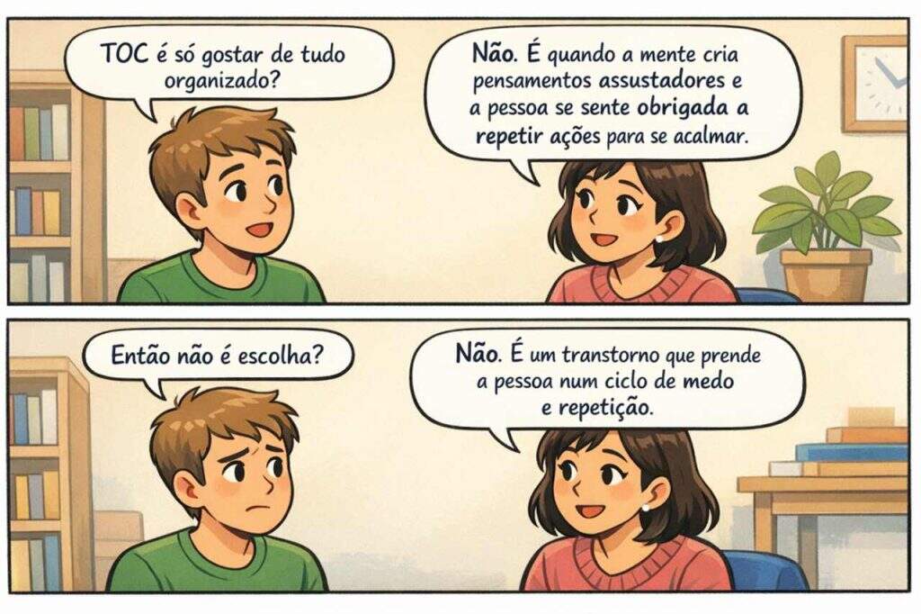 Quadrinhos educativos explicam TOC, mostrando diálogo entre garoto e garota sobre organização, pensamentos assustadores, repetição compulsiva e transtorno mental.